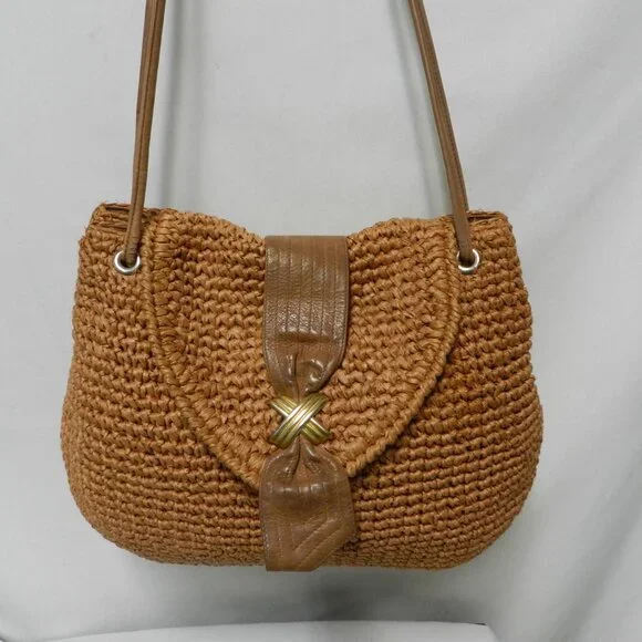 Bally Vintage Straw & Leather shoulder handbag purse made in Italy brown medium - Picture 1 of 16